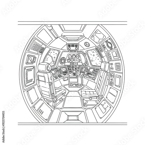 Detailed interior view of futuristic spaceship cockpit with multiple screens and chairs