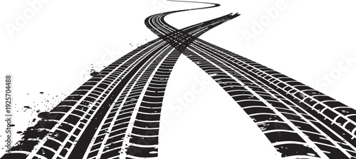 Dynamic grunge tire tracks converging on a winding road, symbolizing a journey or a path forward