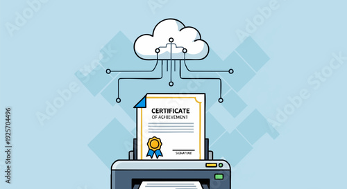 Cloud printing certificate of achievement vector illustration. Digital document printing from cloud storage concept.