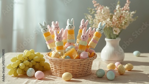 Easter bunny cake pops in a wicker basket with pastel eggs and grapes on a table