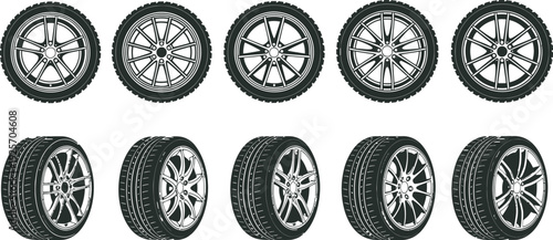 car wheels tire icon vector art set 2, collection of car wheels and tires in various designs and styles