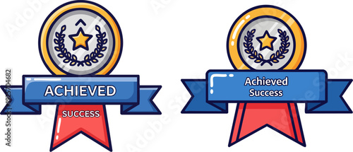 Achieved Success vector icon set. Includes two achievement badges with stars, laurels, and ribbons. Created in flat line art style with blue, red, gold, and silver colors.