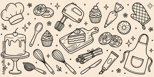 Picnic food doodle vector set with basket sandwich drinks and outdoor meal elements illustration