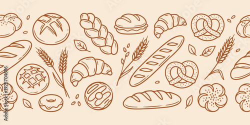 Bakery bread seamless pattern vector with hand drawn pastry croissant baguette and wheat background design