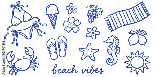 Beach vibes hand drawn doodle vector with crab shell slippers sun and summer elements