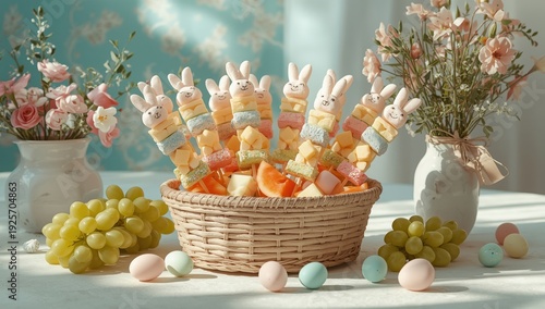 Pastel candy bunny skewers in wicker basket with grapes and eggs