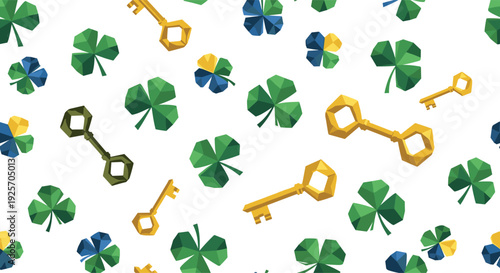 Low-poly three-leaf clovers and golden keys are scattered randomly in a seamless pattern symbolizing luck and opportunity on a white background.