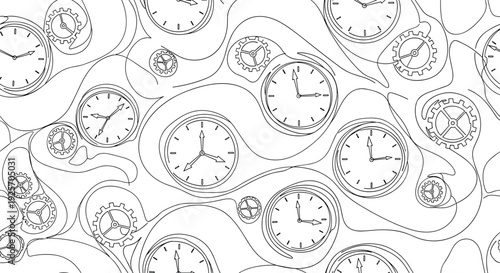 Hand-drawn seamless pattern shows various clocks with different times and gears connected by swirling dashed lines on a white background.