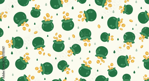 Playful seamless pattern for St. Patrick's Day features green pots overflowing with gold coins and lucky raindrops on a light cream background.