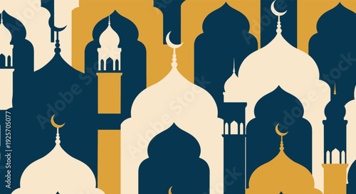 Elegant seamless pattern features layered silhouettes of mosques with domes and minarets in shades of blue, gold, and cream for an Islamic theme.