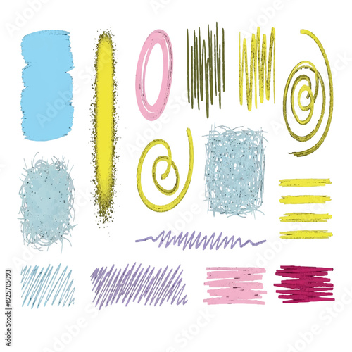 A collection of colorful abstract art strokes and swirls on a white background