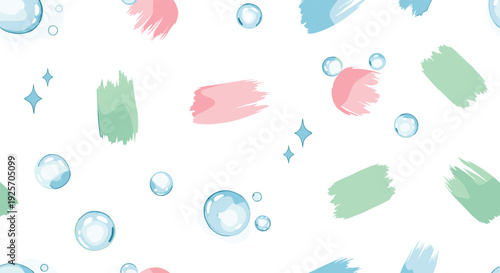 Delicate seamless pattern featuring translucent soap bubbles, sparkling stars, and soft pastel brush strokes in pink, blue, and green on a white background.