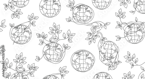 Seamless black and white line art pattern features planet Earth globes with delicate plant vines growing, symbolizing ecology, conservation, and global growth.