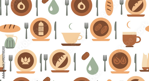 Seamless pattern depicts a traditional Iftar meal for Ramadan with dates, bread, water, and lanterns in a warm, earthy color palette for holiday celebrations.