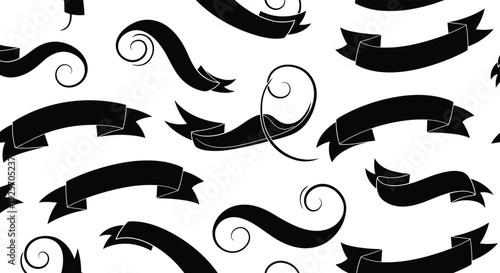 Seamless monochrome pattern showcases a collection of various black ribbon banners in classic and curled vintage styles for decorative graphic design elements.