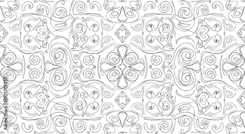 Intricate symmetrical seamless pattern features elegant damask and baroque-inspired ornamental swirls made from fine dashed lines for a vintage luxury background.