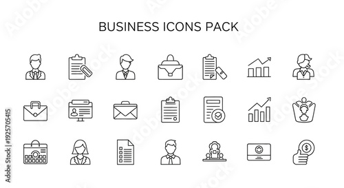 A versatile collection of minimalist outline business icons, encompassing professional, financial, and communication symbols perfect for modern corporate design projects.