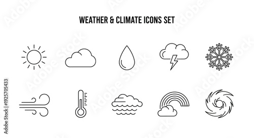 A versatile collection of outline weather icons depicting various meteorological conditions, including sun, clouds, rain, snow, wind, and storms, for digital use.