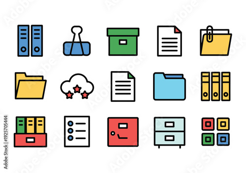 Collection of colorful vector icons representing various office supplies and digital storage components