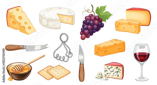 A delectable assortment of gourmet cheeses, including Swiss and blue cheese, is beautifully arranged with red wine, grapes, crackers, and honey.