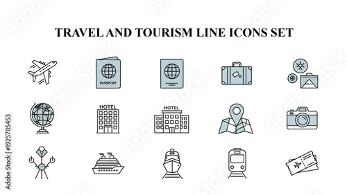 A collection of stylized, minimalist icons representing essential travel planning and vacation elements for global journeys.
