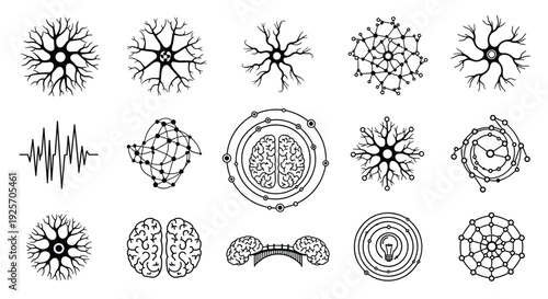 A collection of monochrome icons representing concepts of neuroscience and artificial intelligence, featuring neurons, brain structures, and neural networks.