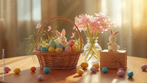 Easter basket with colorful eggs and bunnies on a wooden table with flowers