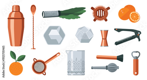 A complete set of professional copper and steel bartending tools for making cocktails, including a shaker, jigger, strainer, muddler, and fresh oranges.