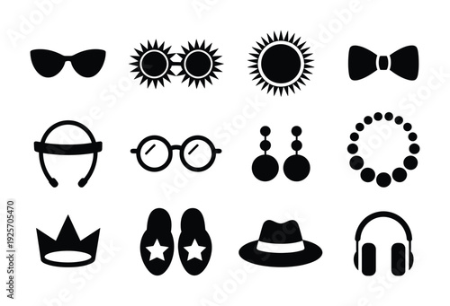 Vector of a variety of iconic accessories including sunglasses, hats, shoes and jewelry in bold black designs