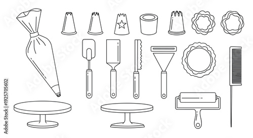 Collection of essential baking and cake decorating tools shown in a clean line art style, including piping bags, tips, spatulas, and turntables for confectionery work.