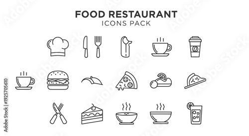Essential outline icon collection featuring diverse culinary elements for modern food and restaurant branding projects.