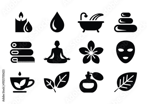 Set of vector icons representing spa and wellness symbols such as candles, towels, and facial masks.