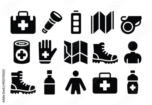 Set of vector icons representing essential outdoor survival and first aid equipment