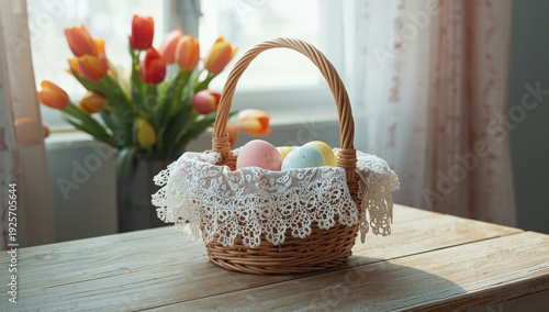 Easter basket with pastel eggs on wooden table with tulips lace