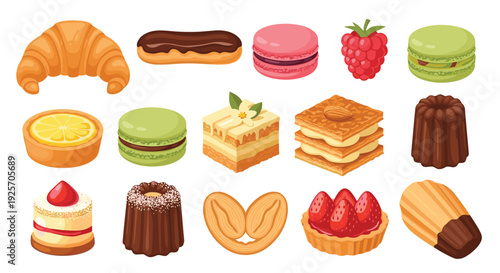 Delicious collection of classic French pastries and desserts, featuring macarons, croissants, and eclairs, beautifully illustrated and isolated on a white background.