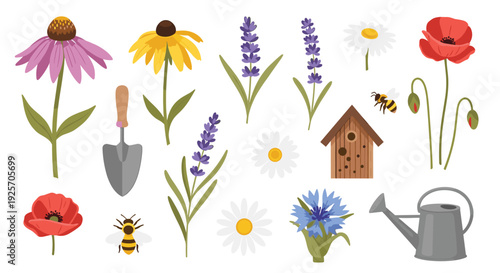 Charming collection of garden elements and wildflowers, including poppies, lavender, bees, and gardening tools, illustrated in a simple, rustic style for nature designs.
