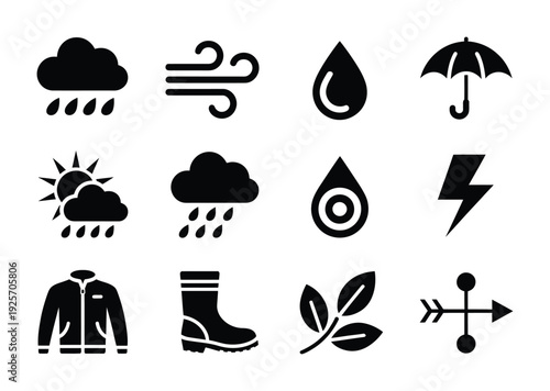 Collection of weather and environmental vector icons featuring various symbols for rain, wind, and sun.