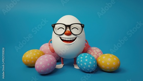 Smiling egg character with glasses and colorful Easter eggs 1