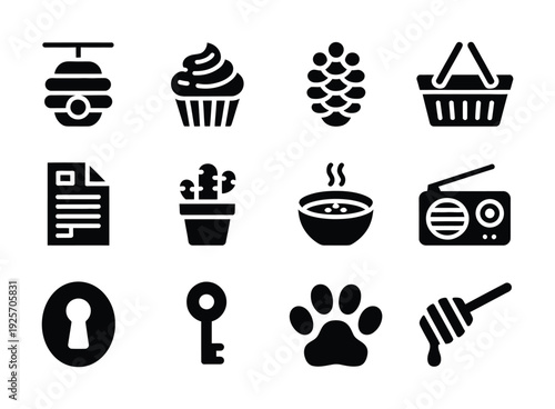 Collection of vector icons including a beehive, cupcake, grapes, and a radio among other items
