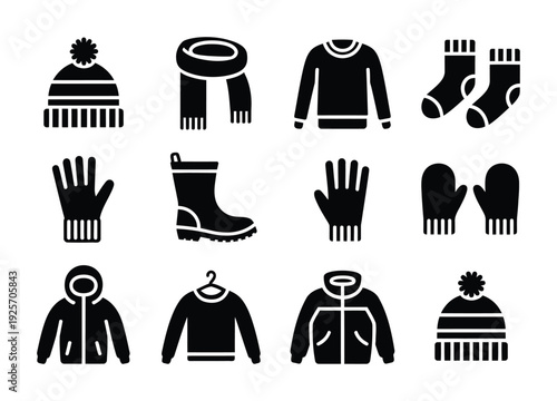 Collection of vector icons representing essential winter clothing items and accessories
