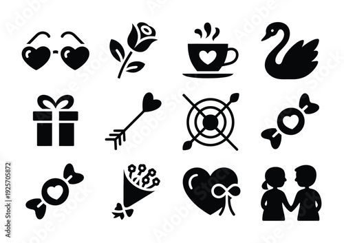 Vector features icons representing love, romance, and relationships in a minimalist style.