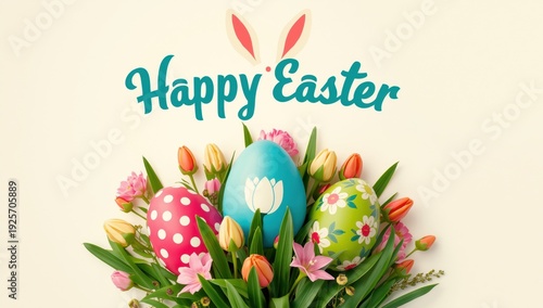 Easter eggs in flowers with Happy Easter text and bunny ears