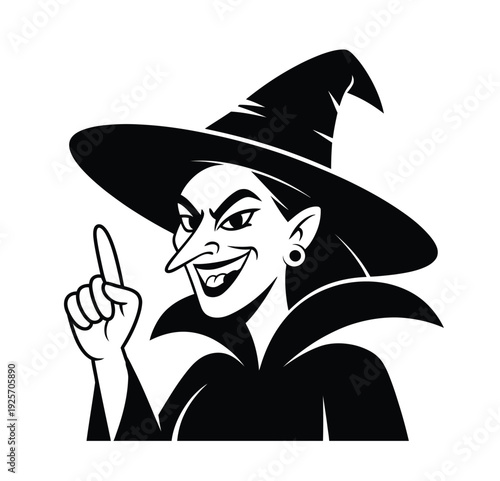 Vector of a smiling witch wearing a pointed hat and raising her finger
