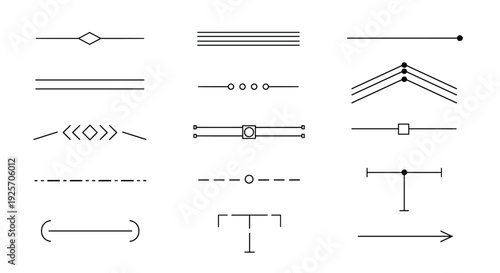 Minimalist collection of various text dividers and line separators features geometric shapes, dots, and simple calligraphic elements.
