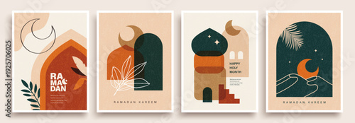 Ramadan Kareem poster featuring a crescent moon, a mosque, and minimalistic geometric designs with soothing colors like beige and orange to evoke a peaceful Ramadan ambiance.