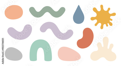 Set of modern abstract organic shapes and blobs in soft pastel colors for creating trendy minimalist backgrounds and compositions.