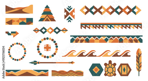 Collection of ethnic tribal patterns and native geometric ornaments including borders, arrows, feathers, and cultural symbols.