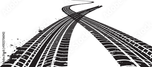Tire tracks vector art 2, Dynamic black tire tracks converging on a white road surface, symbolizing a journey or a fork in the path with a grunge effect