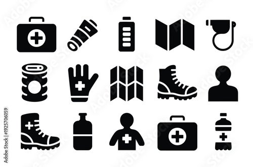 Collection of vector icons representing first aid supplies and emergency equipment for outdoor activities.