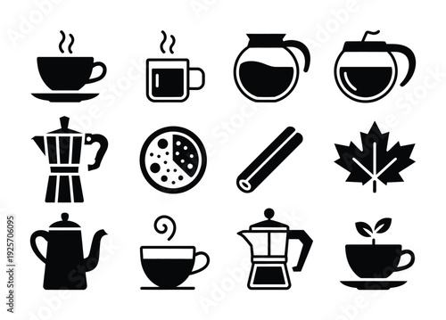 Collection of vector icons representing coffee and tea related items such as cups, pots, and ingredients.